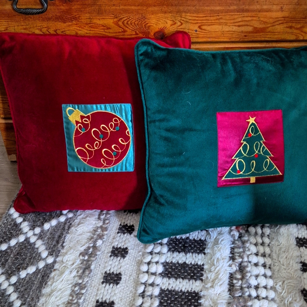 Pair Of Holiday Pillows Tree And Ornament Velvity Feel
